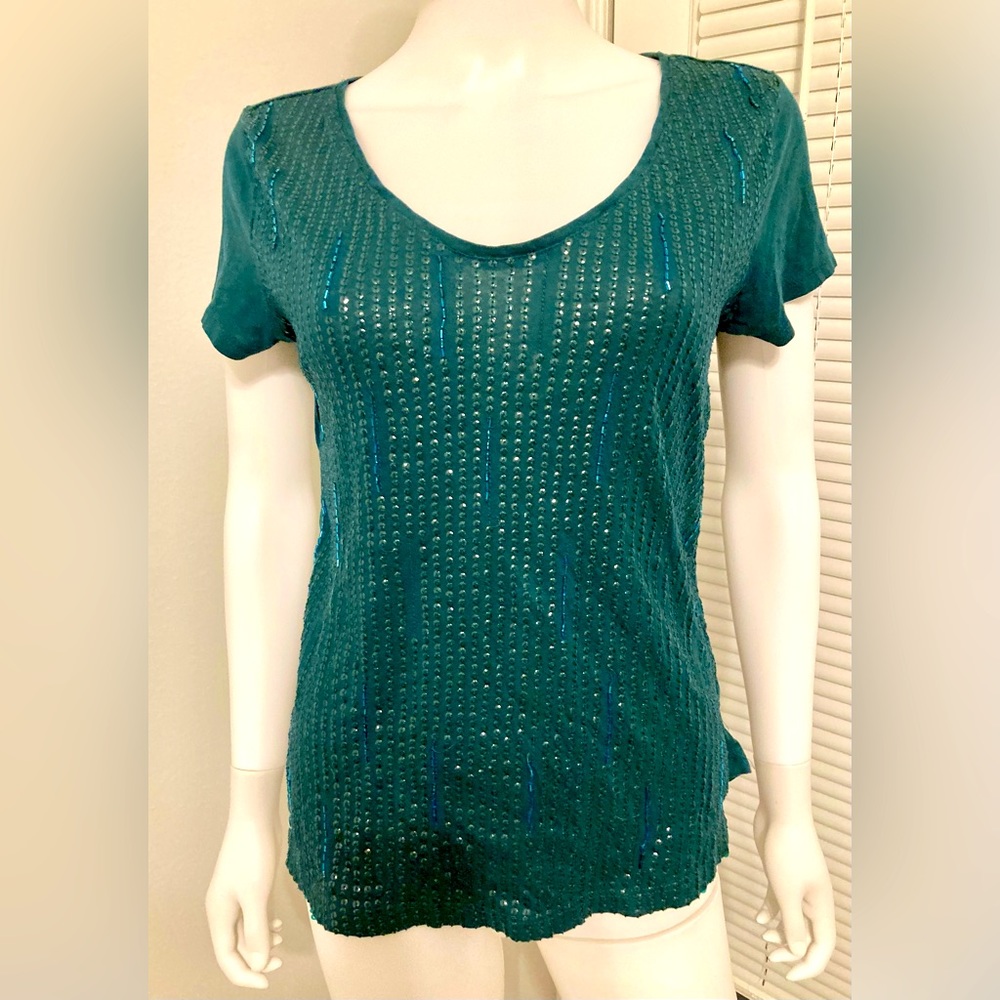 Loft Loft Short Sleeve Beaded Shirt Blouse Green SZ -M
